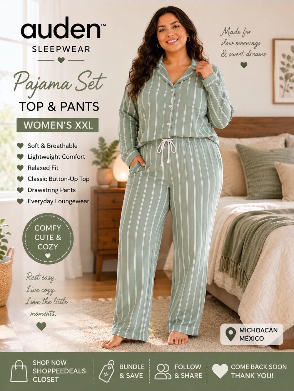 Auden Sage Green & White Striped Pajama Set – Button-Up Top & Drawstring pants